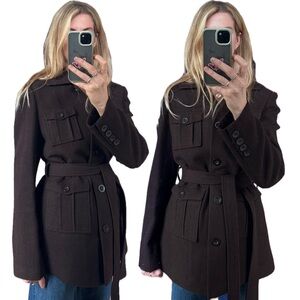 RW&CO Brown Wool Knit Belted Safari Utility Military 4 Pocket Jacket Coat